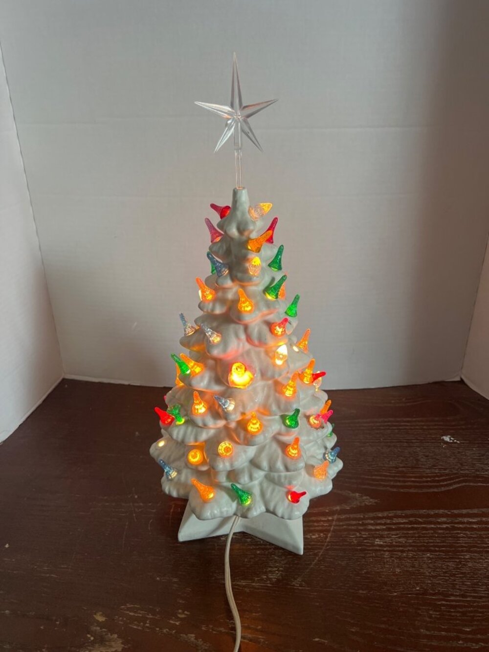 Vintage Ceramic Christmas Tree With Multicolor Lights & Star Top Electric Light-
